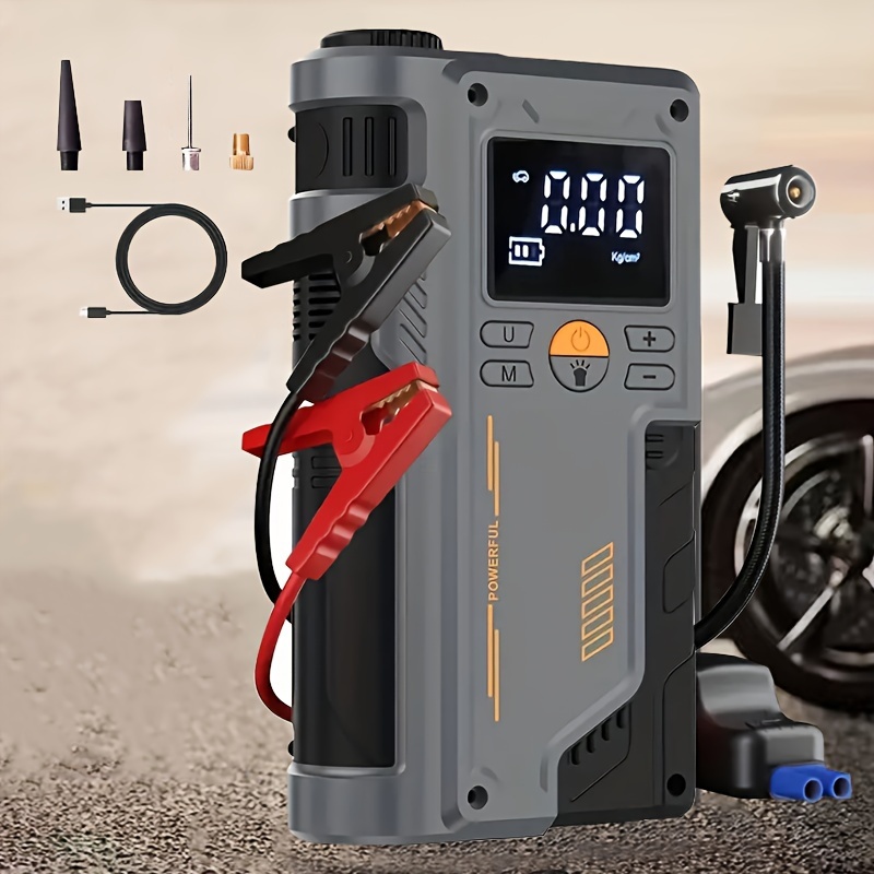 

8000mah Portable Car Jump With Tire Inflator, Air Compressor, Led Display & Light, Dual Usb/battery Powered, Semi-automatic, Abs, Lithium Polymer, For Cars, Motorcycles, Bikes, Festivals