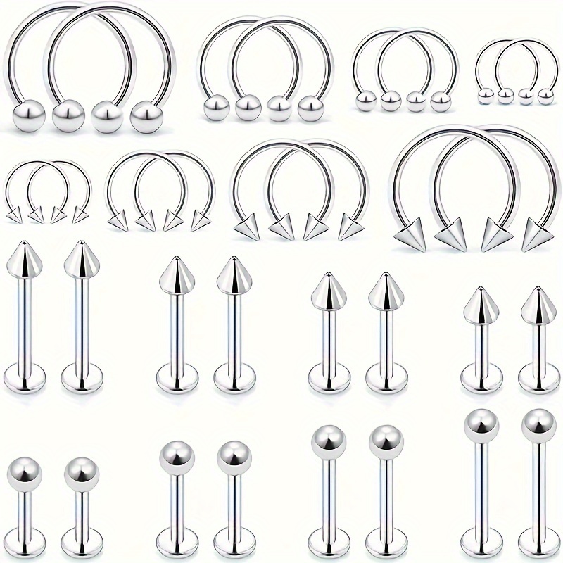 TEMU 32 Piezas de Joyería para Piercing en Acero Inoxidable: Aros para Cejas, Labios y Pendientes (Tallas 6/8/10mm)
