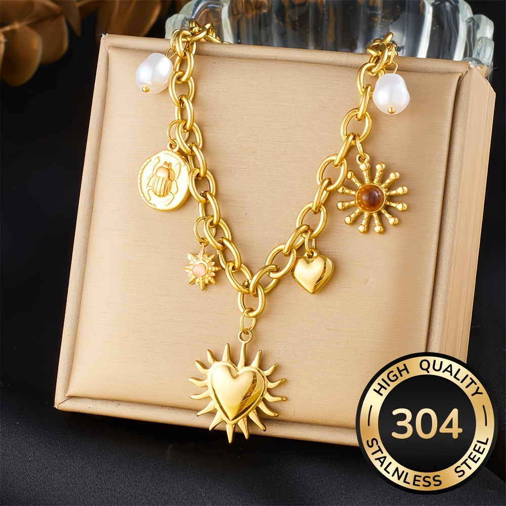 TEMU 1pc Producto Moda Europea y Americana Amor Marca Perla Colgante Collar de Acero Inoxidable Dorado Tendencia de Moda Estilo Vacaciones Adecuado