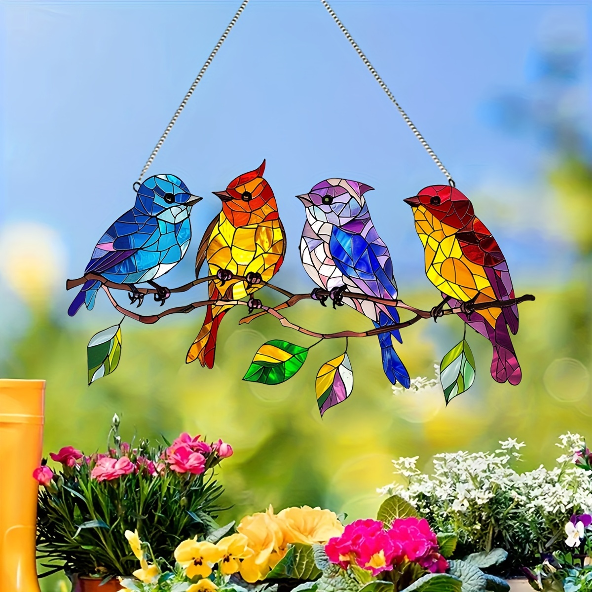 

Glam Style Acrylic Bird Suncatcher - 1pc Wall Hanging Decorative Sign & Plaque With Colorful Stained Glass Look, 4 Birds On A Branch Theme, Multipurpose For Home And Garden Decor