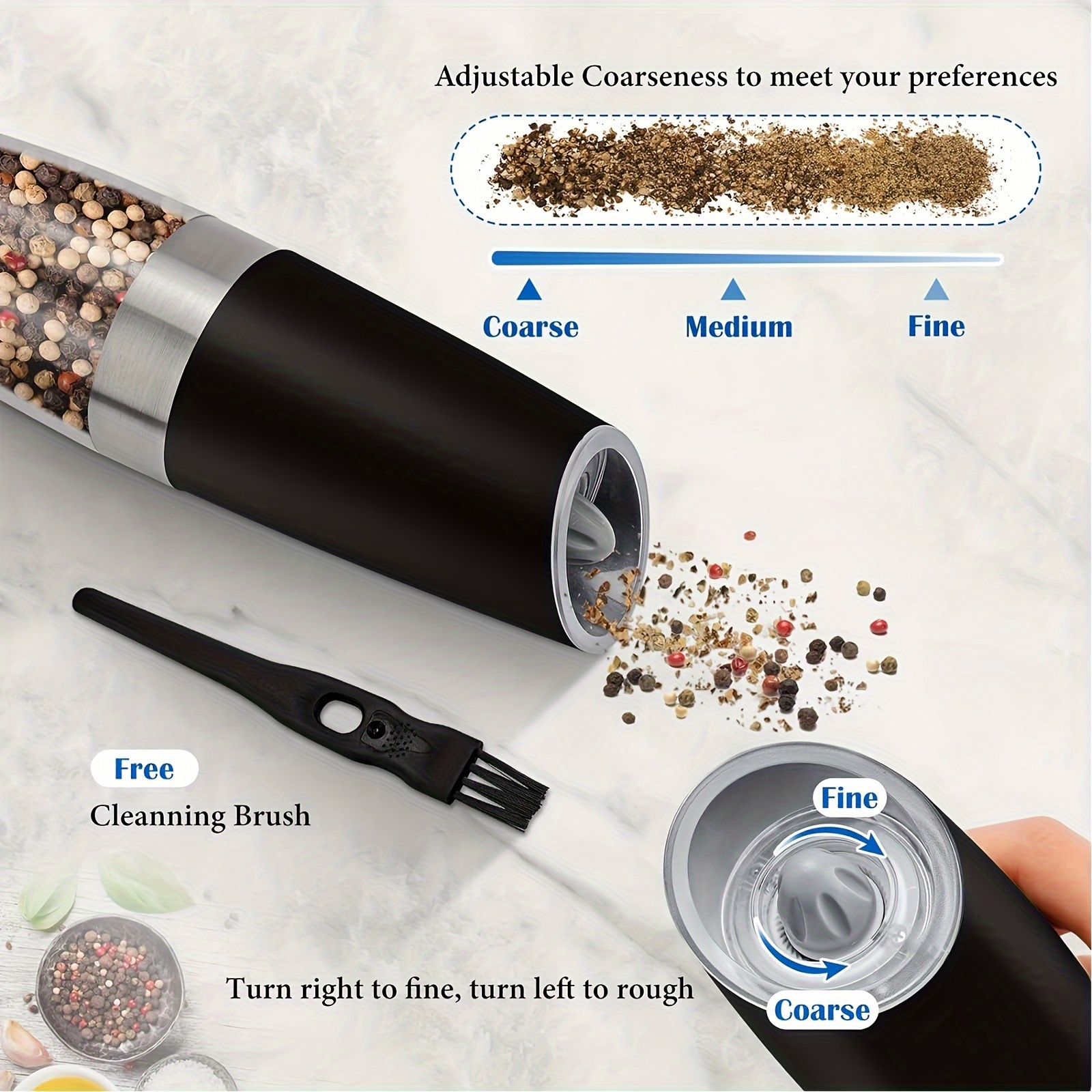1 2 pcs gravity electric salt and pepper grinder set battery powered led   hand automatic operation adjustable coarseness mill grinders shakers black kitchen gadgets gift ideas best for christmas   thanksgiving father gift best for christmas   thanksgiving 4