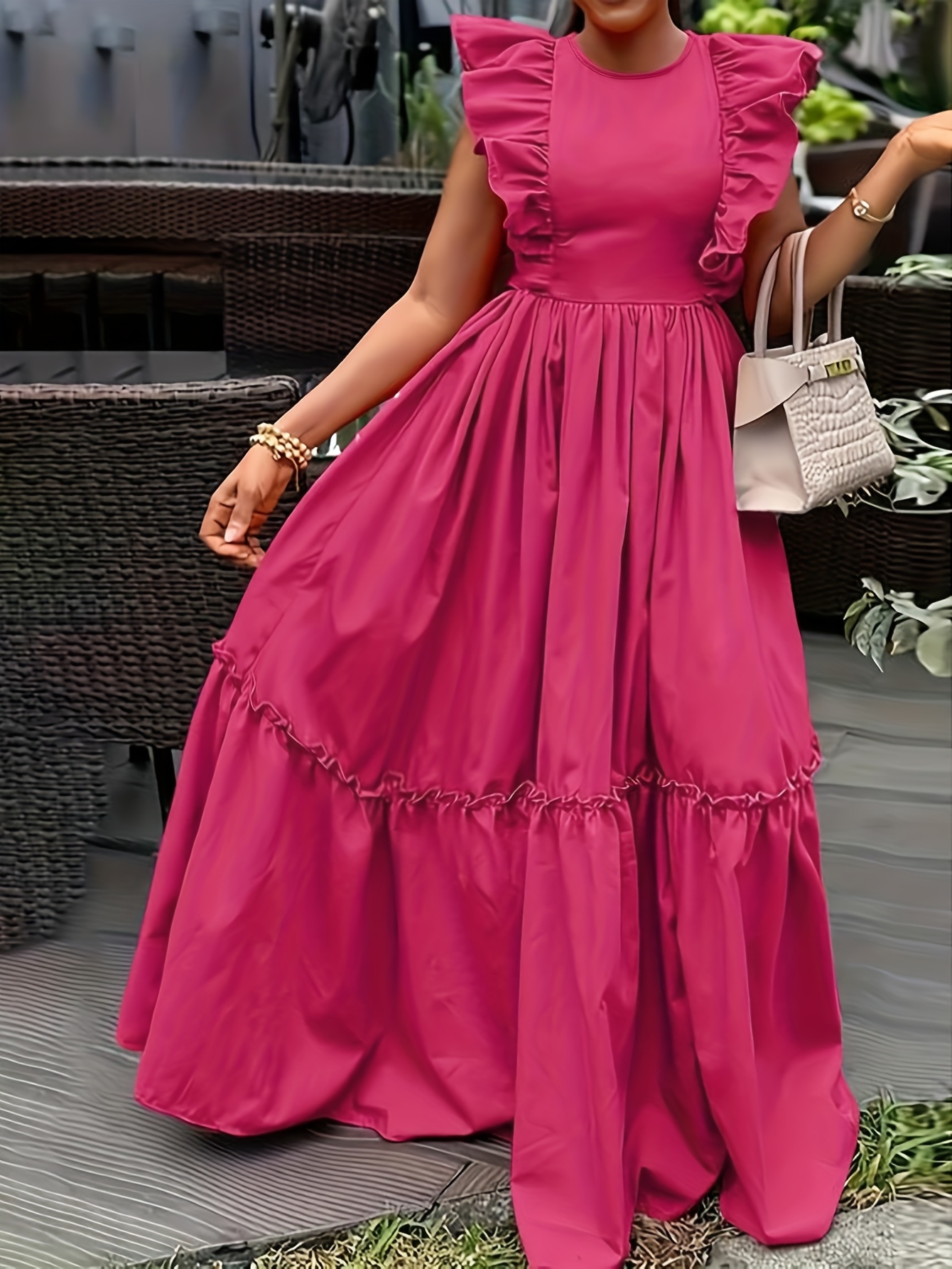 *t Off-Shoulder Ruffle Maxi Dress Vibrant Pink, Flowy Sleeveless Gown  with Button Detail Events Dress|*