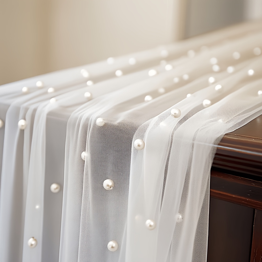 TEMU 1pc Pearl Tulle Table Runner Pearl Tablecloth Tulle Fabric Wedding Tablecloth Suitable For Bridal Shower Veil Dessert Sweetheart Ceremony Lace