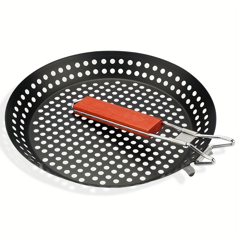 TEMU 1pc Outdoor Bbq Folding Handle Flat Bottom Round Bbq Pan, Bbq Hollow Bbq Pan, Bbq Tools