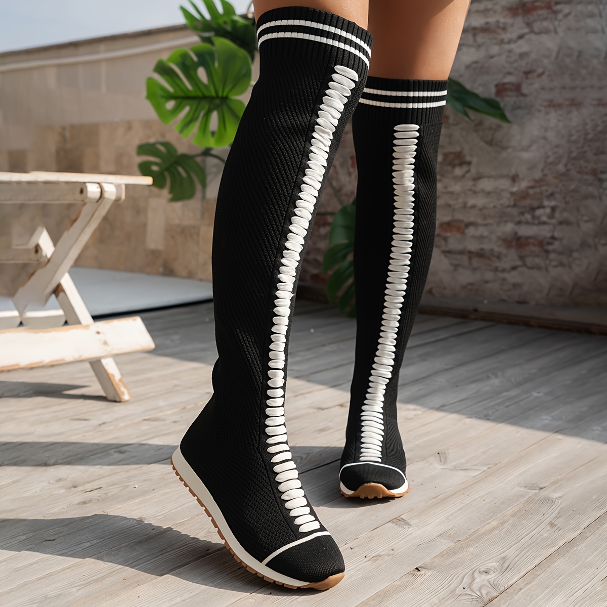 women s contrast color boots casual slip knee boots details 1