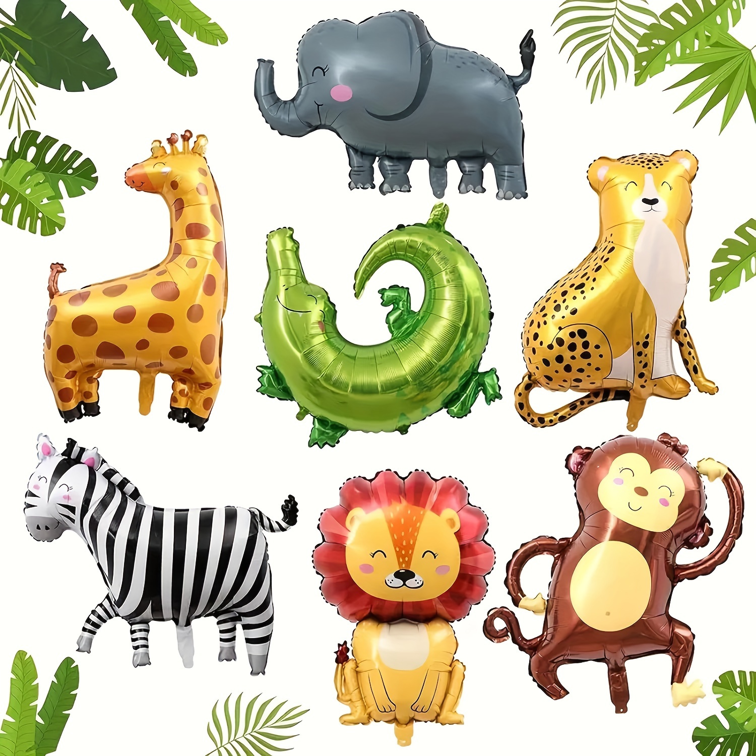 

7pcs Animal Balloon Set - Foil Zoo Animals Including Zebra, Elephant, Monkey, Lion, Giraffe & Leopard - Wildlife Themed Birthday Parties