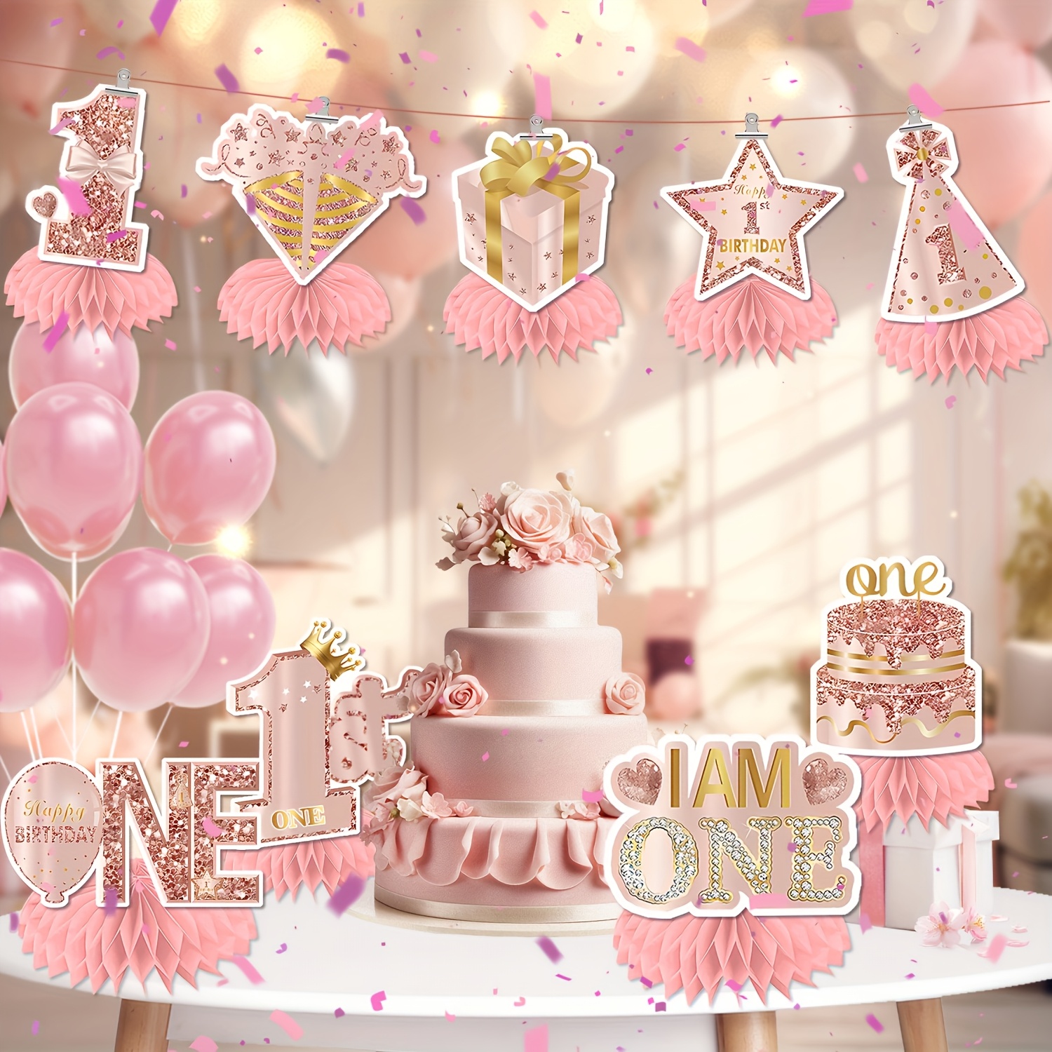 Image of 9pcs, Party Table Centerpiece, Pink Themed Birthday Party Honeycomb Centerpiece, Multipurpose Living Room Outdoor Table Decoration, Suitable For First Birthday Party Decorations Supplies