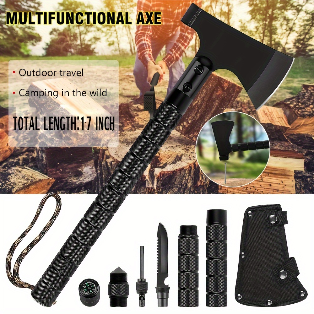 

17" Survival Axe With Canvas Sheath - Stainless Steel, Multi-tool Set For Camping, Hiking & Gardening - Includes Hammer, Whistle, Compass | 's Gift