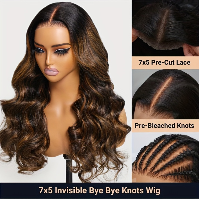 TEMU UNICE Nœuds Pré-tout Perruque Colle Balayage Brun 7X5 Lace Front Perruques Cheveux Humains Ondulés Pré-pincées Précoupées Nœuds Prêt à l'emploi
