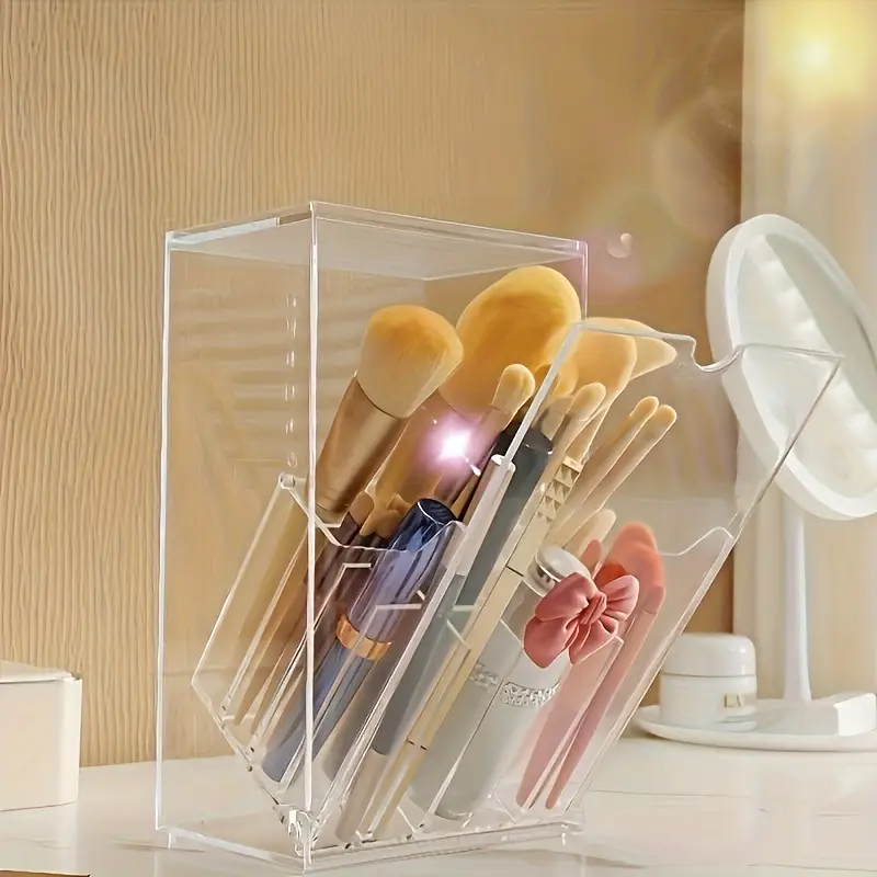 clear makeup brush organizer with lid transparent cosmetic storage box vanity organizer with dustproof cover bathroom countertop organizer for professional or home use space saving makeup display case makeup vanity desk durable plastic material Product details 4