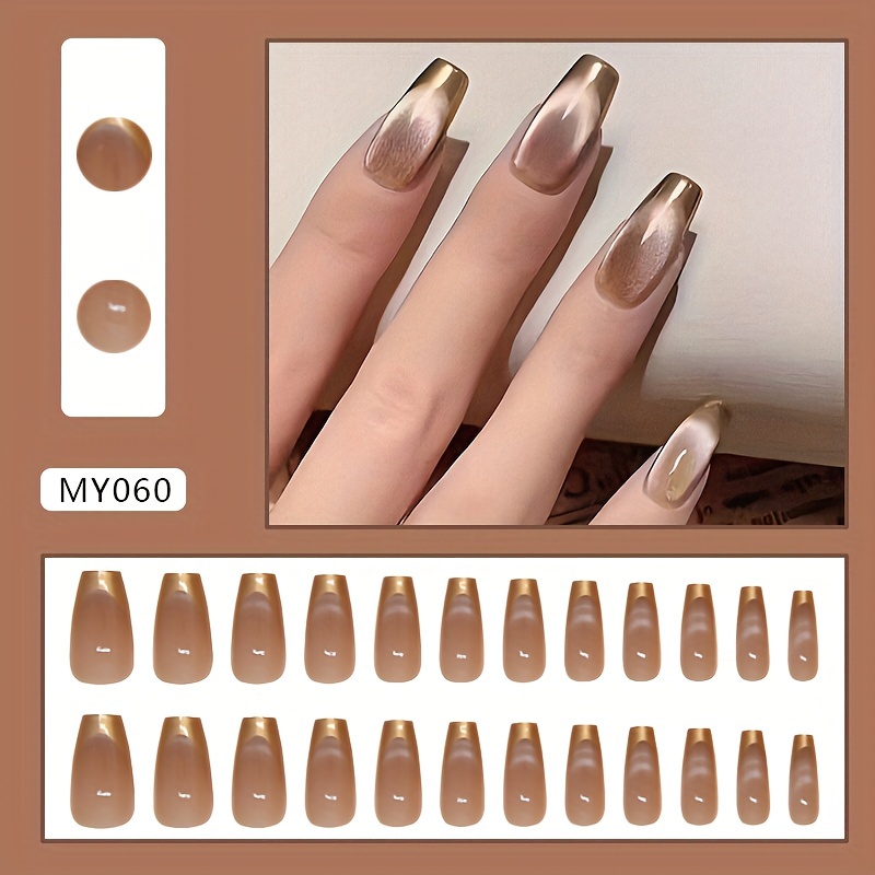 TEMU Cat Eye Wearable Nail Tips, Elegant Tan Detachable Nail Stickers, Patches, , 24pcs