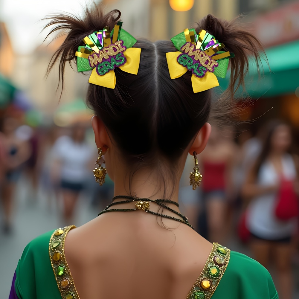 

2pcs Mardi Gras Bow Hair Clips – Elegant Ribbon Barrettes For Women, Vibrant Yellow, Green & Purple Design, Thin Or , Accessories For Mardi Gras Celebrations, Cute Hair Clips