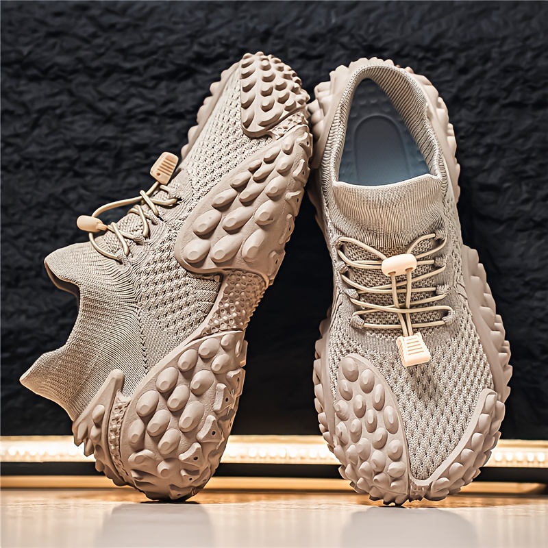 Sand-colored Knitted Mesh Outdoor Shoes with Particle Detailing, Low-Top Thick-Soled Dad Sneakers, Slip-On with Drawstring, Casual Breathable Athletic Running Shoes, Plus Size Men's Shoes