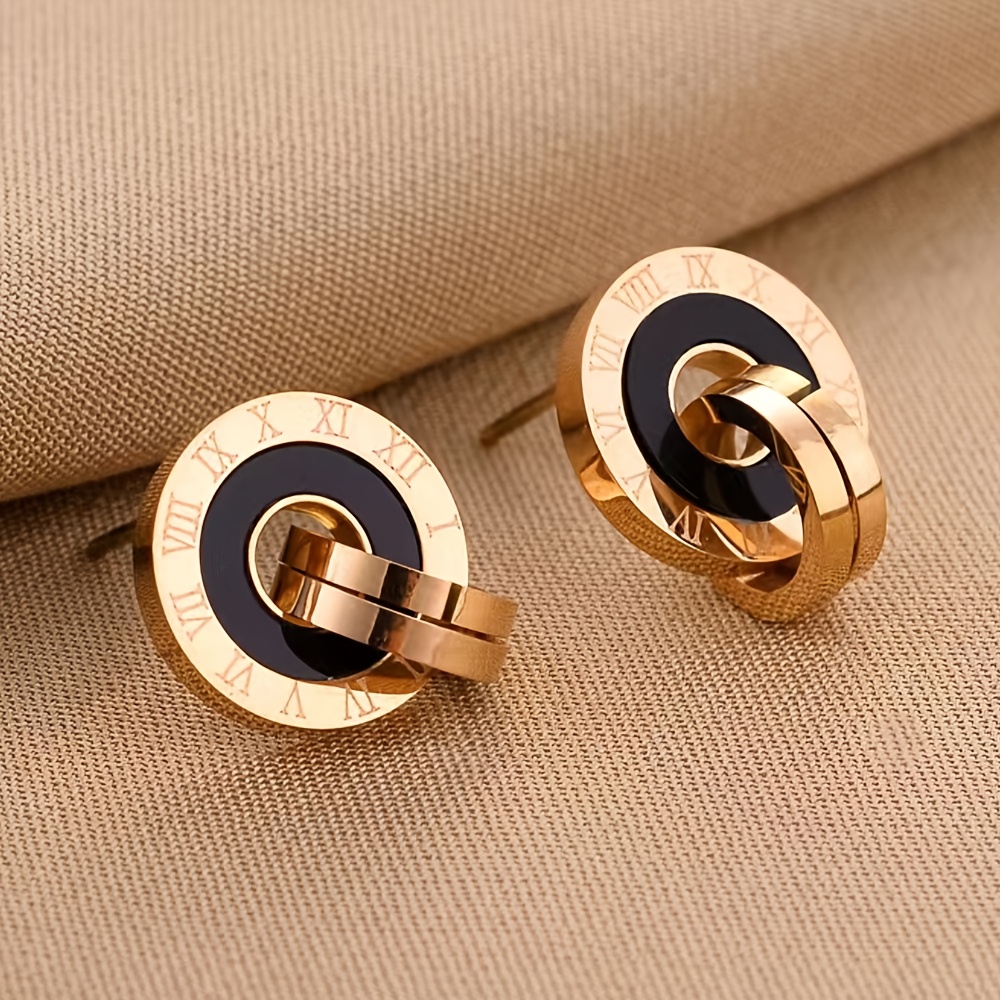 TEMU New Stainless Steel Earrings With Round Metal Engraved Roman Numeral Design, Pendant, Retro Yet Beautiful Stainless Steel Women's Earrings,