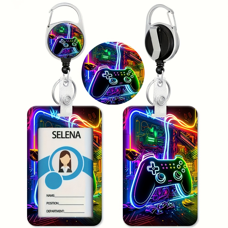 TEMU Vibrant Neon Game Controller Pattern, Black, Esports Style Glowing Lines, Pattern Print Id, For Bus Case - With Retractable Id Holder, Key Chain