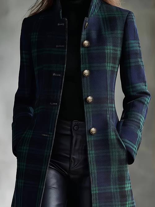 vintage elegant plaid long overcoat for women stand collar single breasted metal button cinching knee length coat