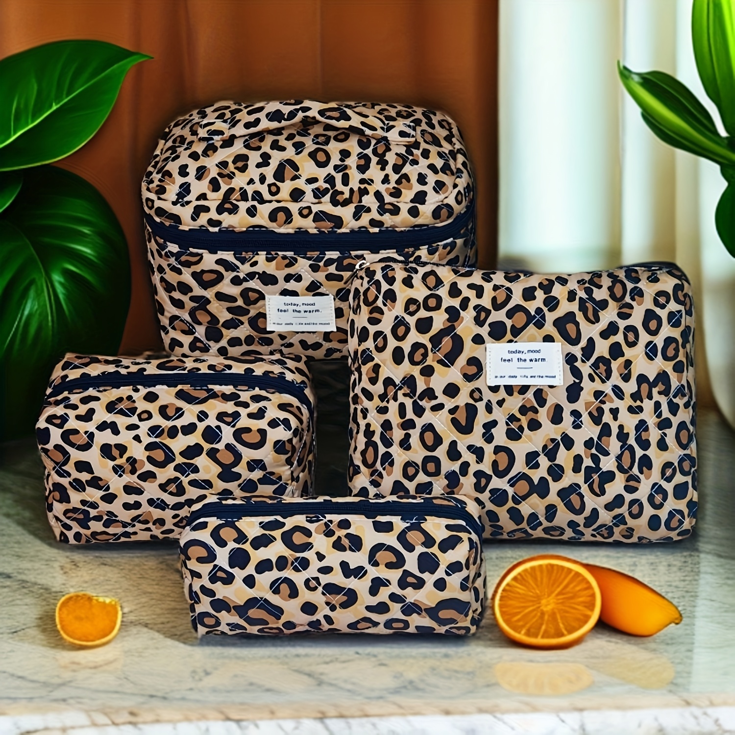 Image of 4pcs European & American Leopard Print Makeup Bag, Double-layer Zipper Large Capacity Quilted Storage Pouch For Travel, Toiletry Organizer, Daily Essentials Holder