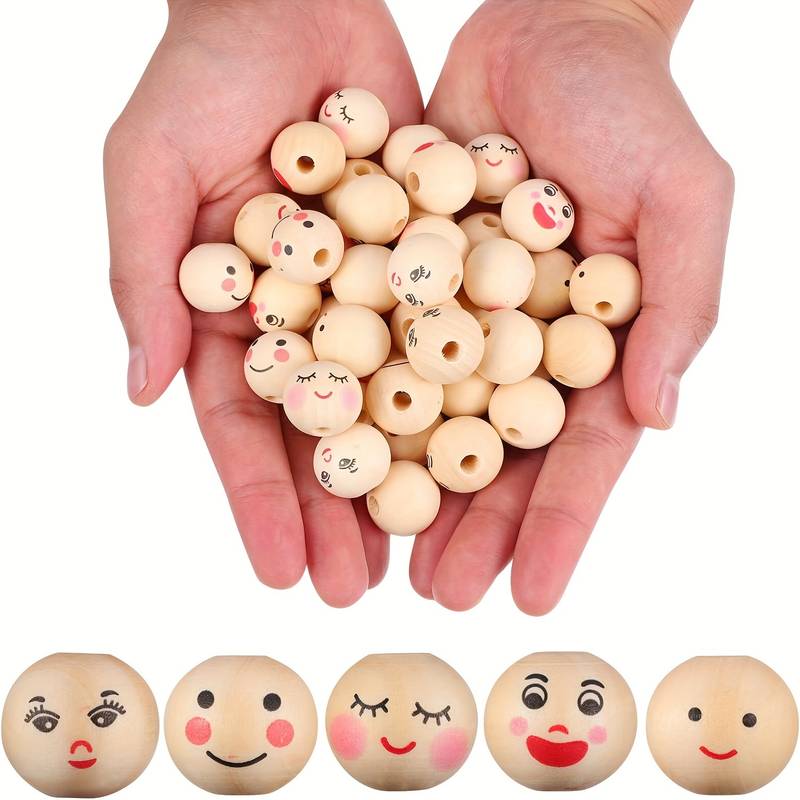 Lot De 40 Perles En Bois Avec Visages Souriants - 20 Mm, 5 Expressions, Pour Bricolage, Macramé, Bijoux Et Décoration