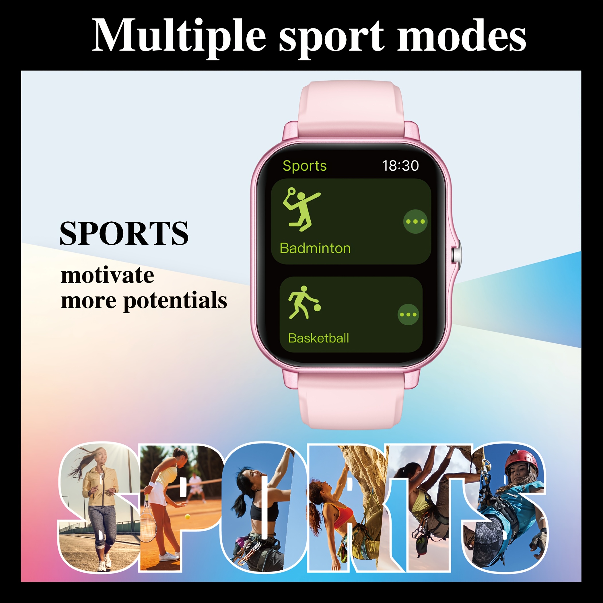 1.83-inch full touch screen silicone strap smart sports watch, unisex fitness outdoor pedometer, various watch faces available, wireless calls, multiple sports modes, remote camera control, alarm clock, weather forecasts, featuring a TFT display and alloy body, equipped with a 180mAh battery, suitable as a gift for both men and women.
