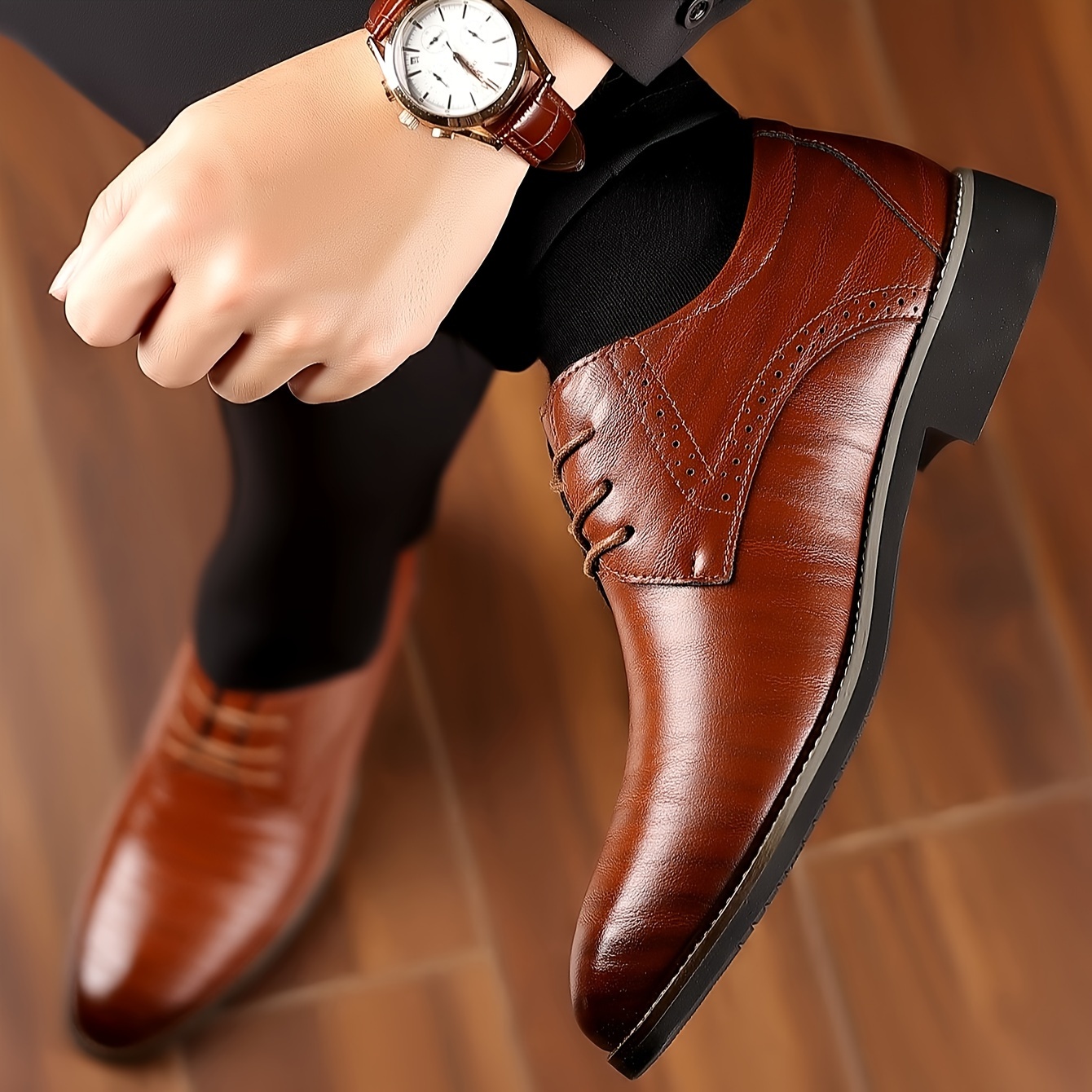 Men's Brown Dress Shoes - Lace-Up Wingtip Oxfords with Rubber Sole, Classic Perforated Design for Formal or Business Occasions