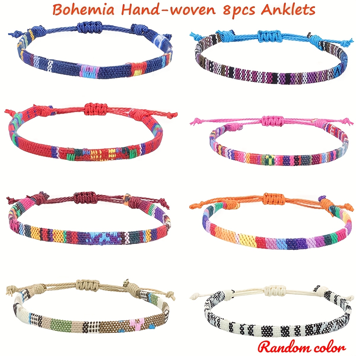 E-shop 8 Stück böhmisches, handgefertigtes, gewebtes Fußkettchen, verstellbare Vintage-Fußsehnen im ethnischen Stil, für sommerliches Surfen für Damen