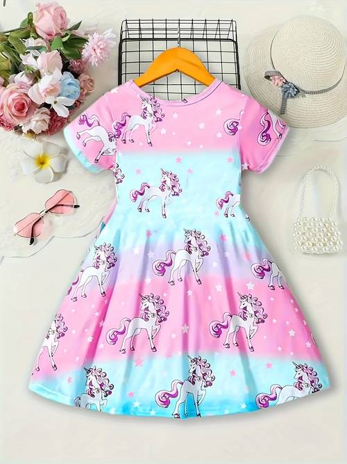 girls summer casual ombre t shirt dress with star and mystical creature print polyester blend with stretch geometric pattern regular ages 12 and under