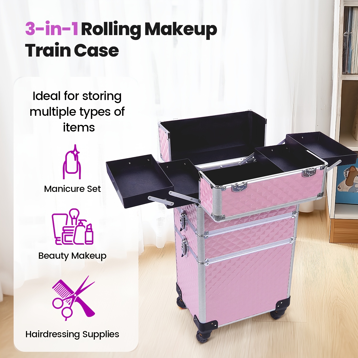 Valise de Maquillage Professionnelle Rose à Roulettes Chariot de 3-en-1  avec Roues, Trolley de Voyage à Clé pour Coiffeurs Technicien