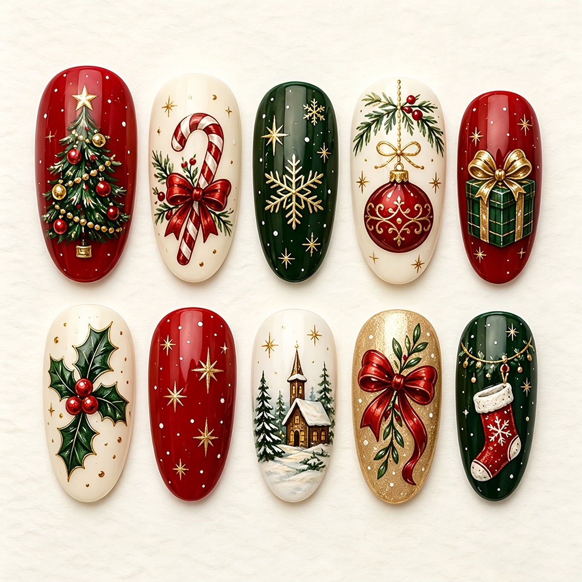 TEMU 30pcs Christmas Press On Nails, Almond Fake Nails With Xmas Tree Snowflake Gift Bow Designs For Women