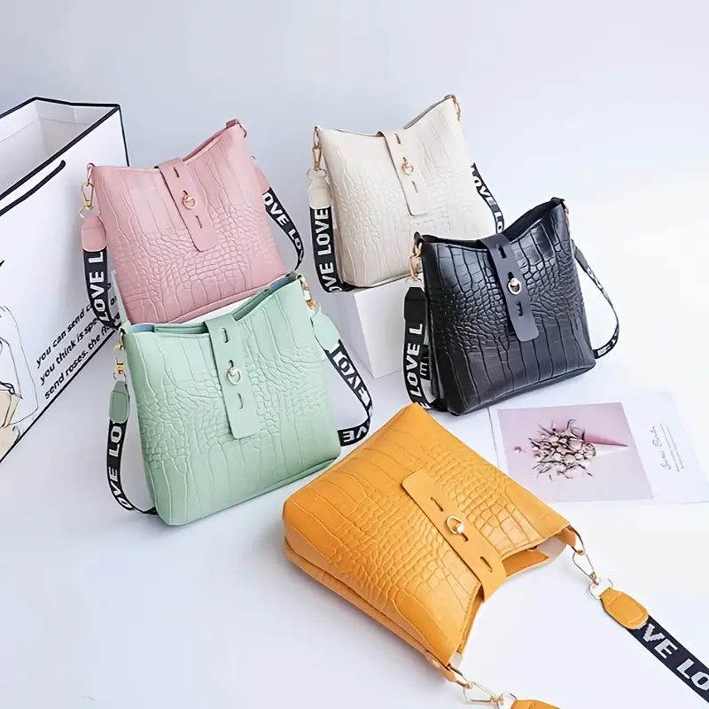 1pc crocodile pattern bucket bag stylish womens crossbody purse with hardware black casual or formal occasions details 1