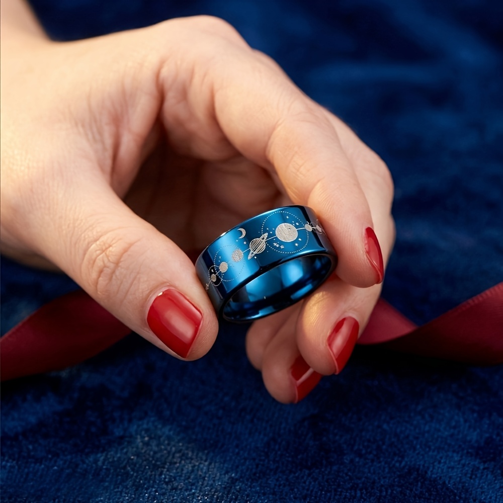 Engraved Blue Tungsten Carbide Cosmic Planet Wedding Band