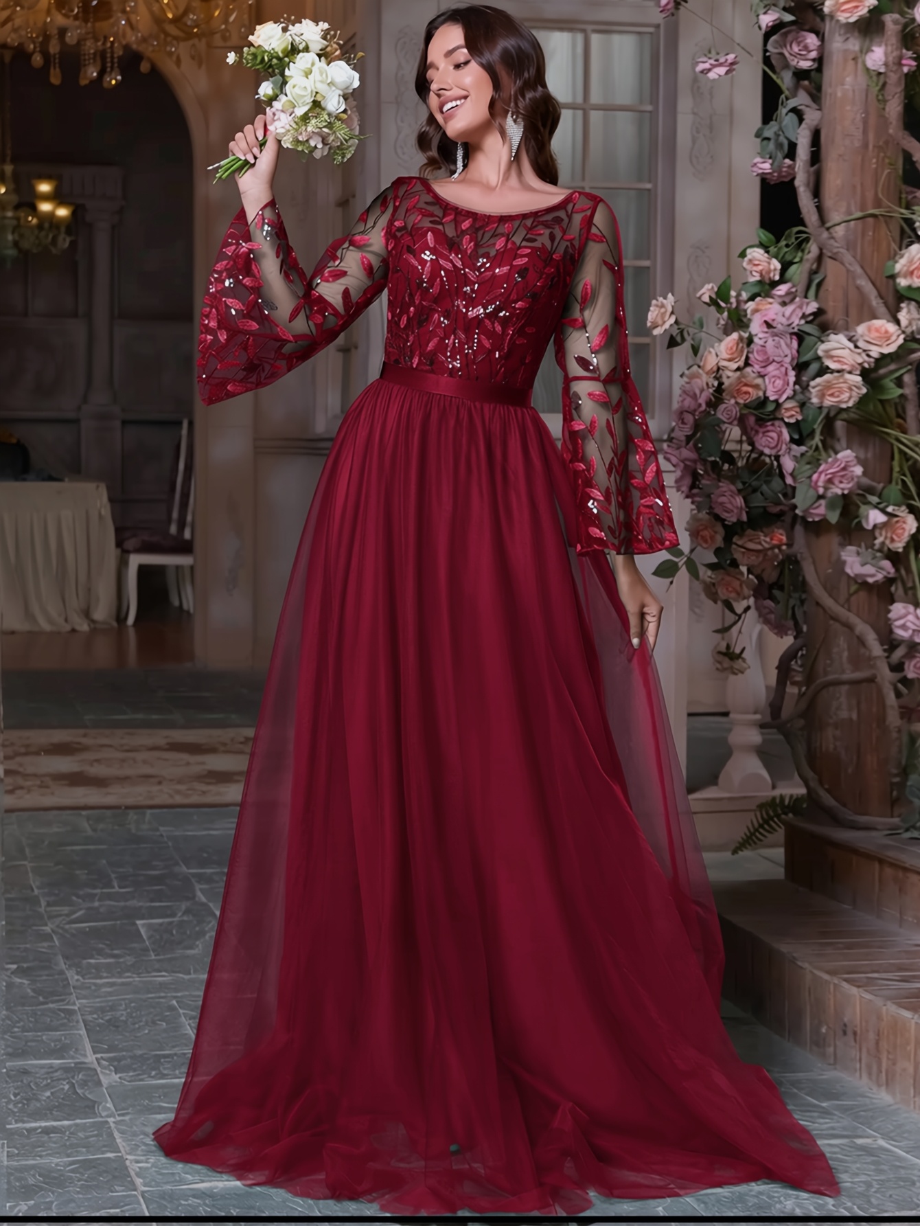 open lace back dress Black Satin Long Sleeve Formal Evening Dress main image 1
