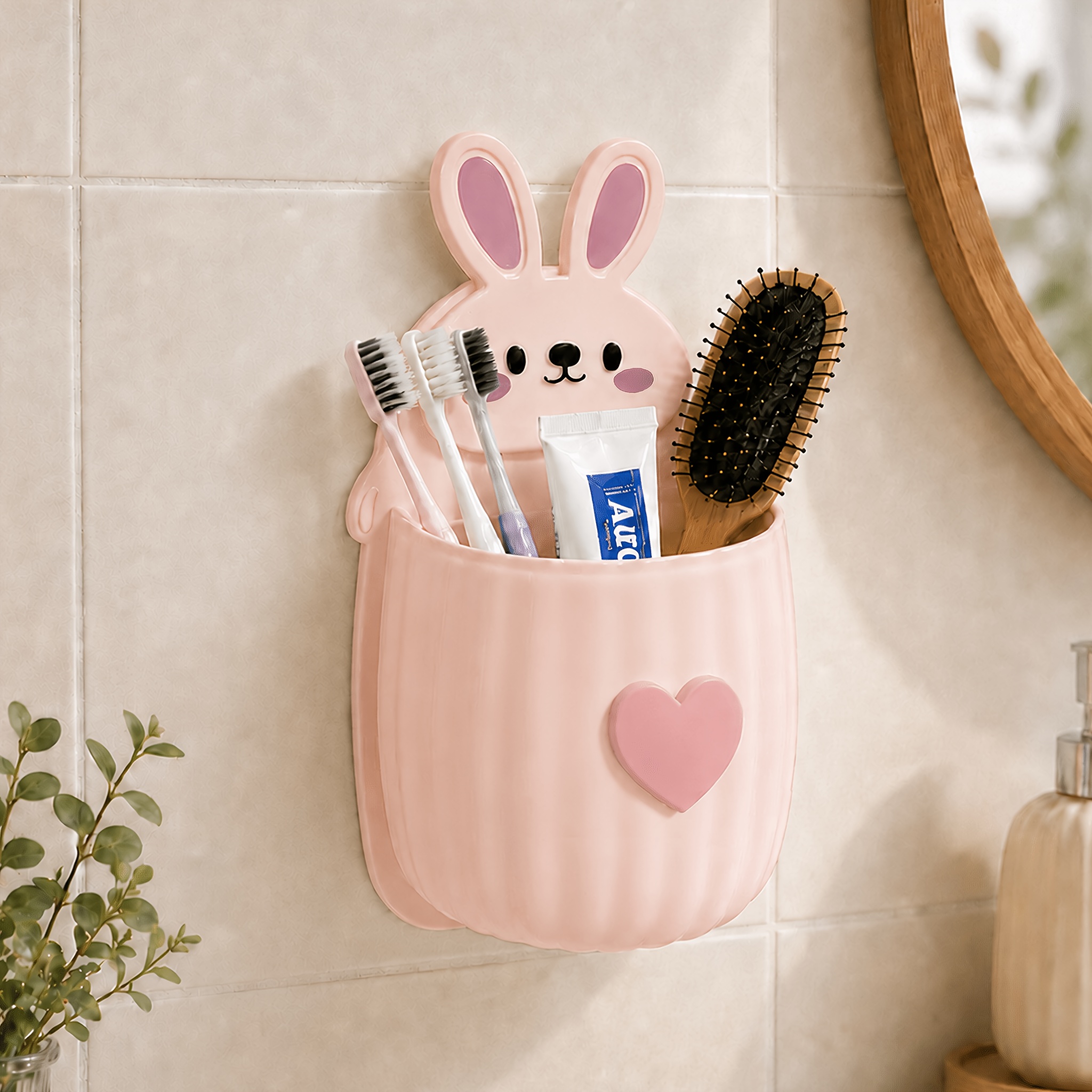 TEMU Optional, 1pc Cute Rabbit Organizer And Heart Decoration, Space-saving Wall-mounted Toothbrush And Toothpaste Rack, Bathroom Decor Accessory,