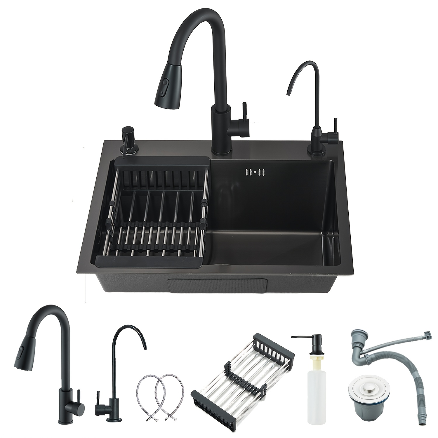 Image of Black/brushed Nickel Kitchen Sink, Stainless Steel Single-bowl Sink, Undermount/countertop Sink With Sliding Fittings, Farmhouse-style Countertop Sink With Soap Dispenser (21.7 X 17.7 Inches)