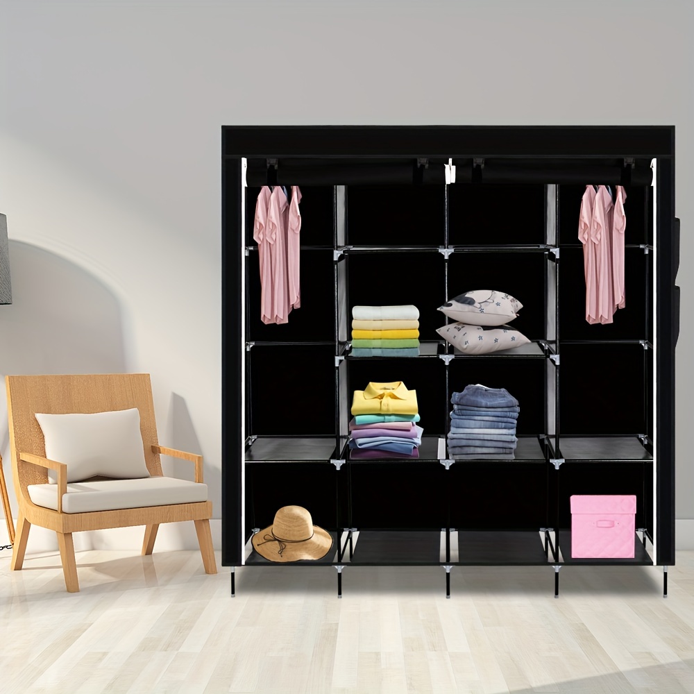 

67" Clothes Closet Portable Wardrobe Clothes Storage Rack 12 Shelves 4 Side Pockets Black