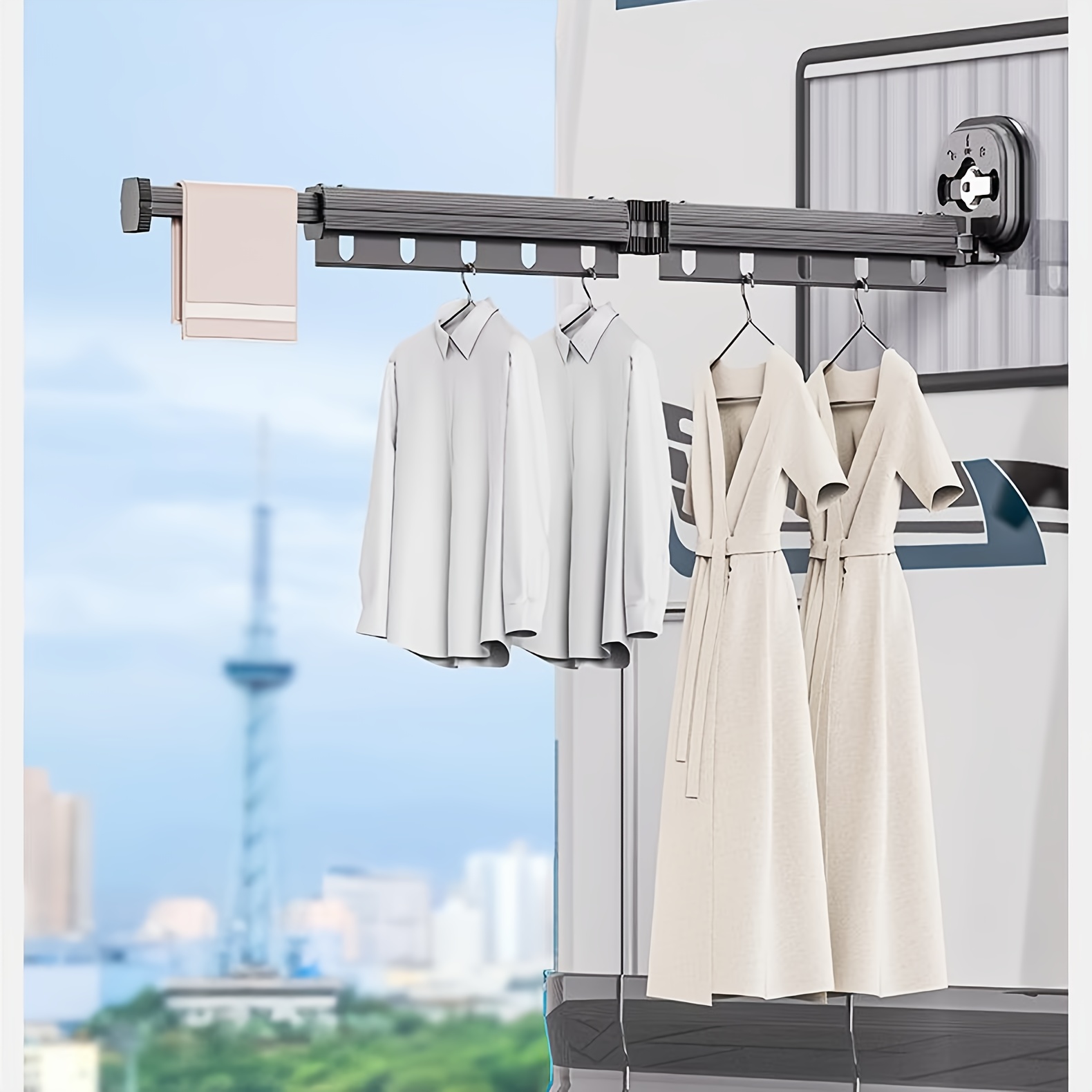 

[ ] Gray Aluminum Suction Cup Folding Clothes Drying Rack - No-drill Telescopic Pole For Indoor Balcony Use, Space-saving Design With Multiple Hanging Hooks