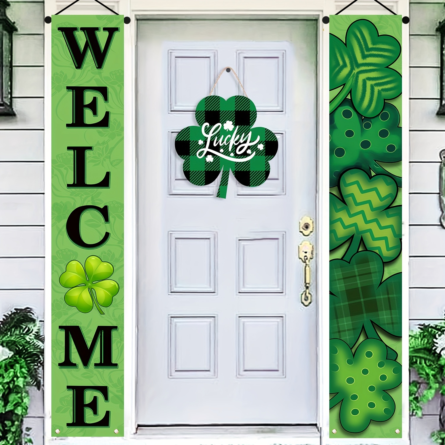 

2d Door Banner, 1 Pair 's Day Door Banner - Irish Shamrock Welcome Sign With Backdrop For Indoor/outdoor Home, Yard, And Porch Decor - Polyester Hanging Decoration For 's Day Celebration