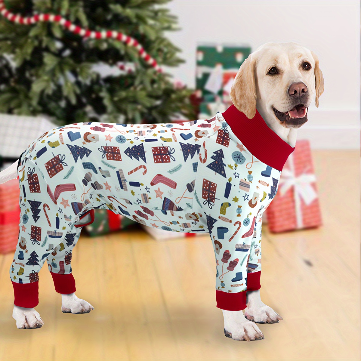 TEMU 1pc Christmas Dog Pajamas, Soft Stretchy Polyester Pullover Pet Clothes, Suitable For Medium & Large Breeds, Holiday Celebration Theme With Happy New Year 2025 Design