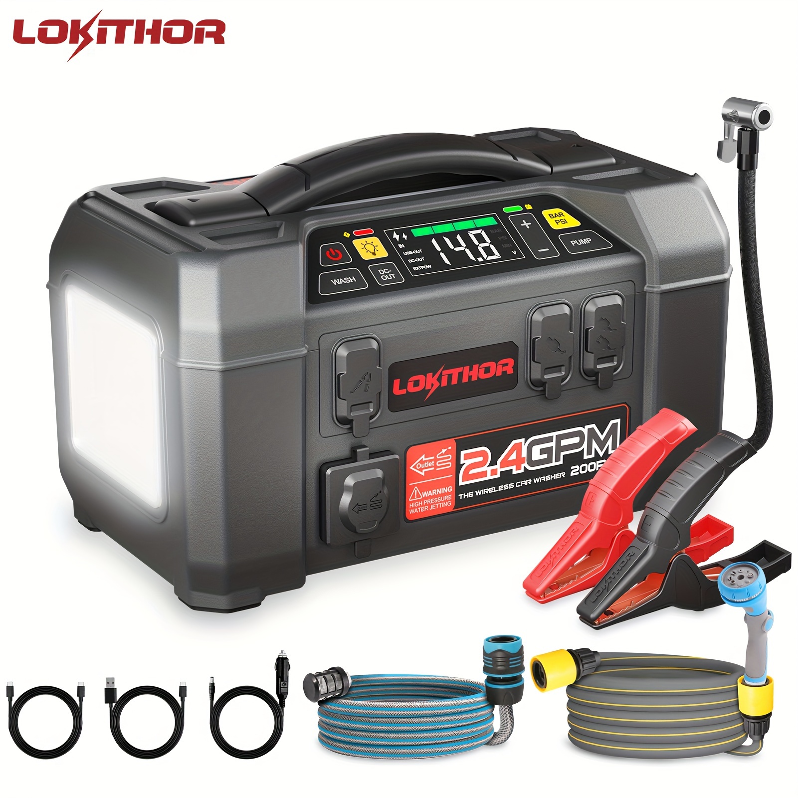 

Lokithor Aw401 2500a 12v For Up To 8.5l Gas Or 6.5l Diesel, 1.5mpa Outdoor Camping Shower With Multi-use Sprayer, 200psi Cordless Pressure Car Washer, 150psi Tire Inflator With 500 Lumens