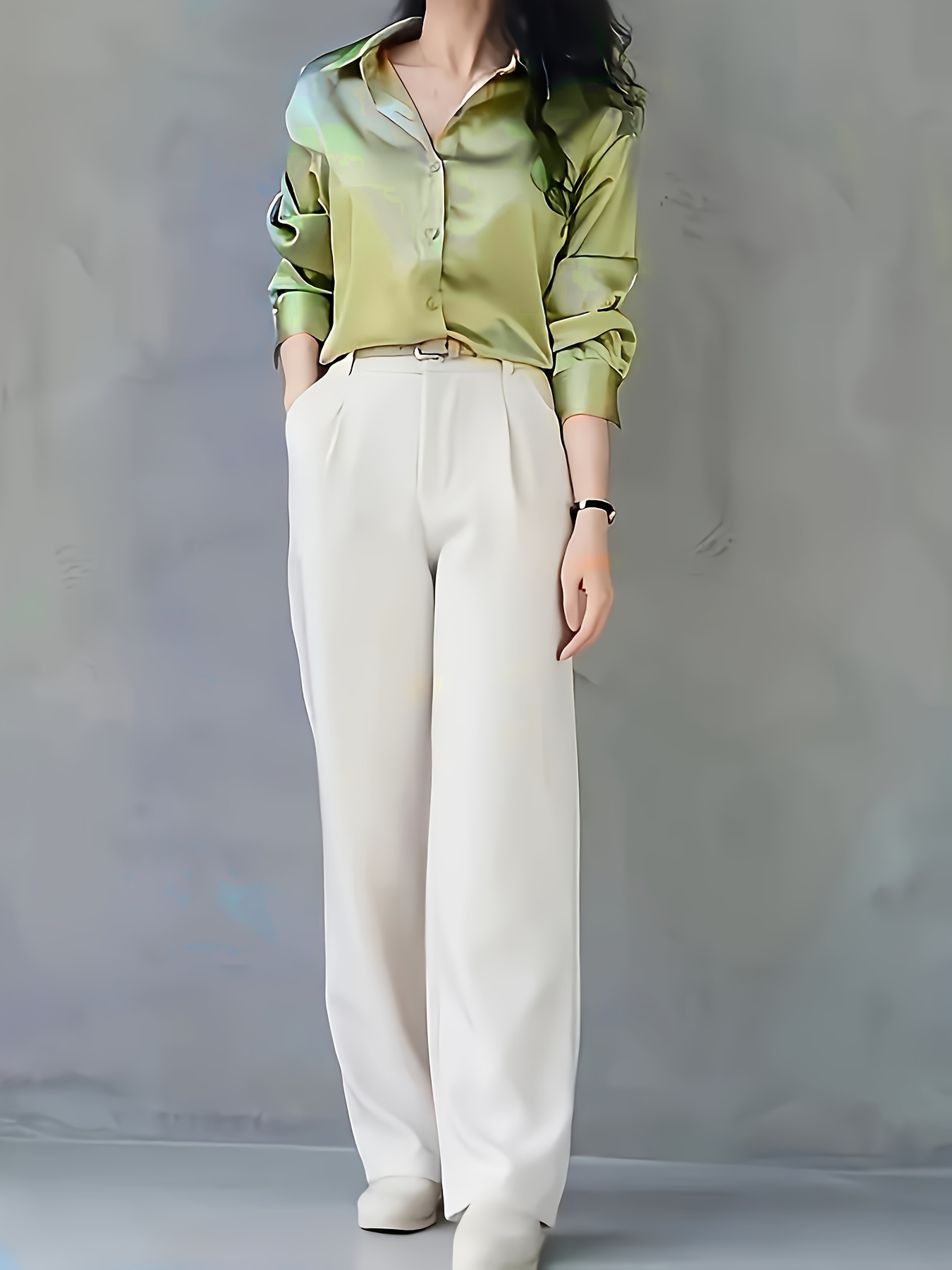 Elegant Long Sleeve Button-Up Blouse for Women - Chic Acetate Top with Lapel Collar, Solid Color, Perfect for Office or Casual Wear, All-Season Comfort, Stylish Blouse | Classic Long Sleeve | Smooth Texture