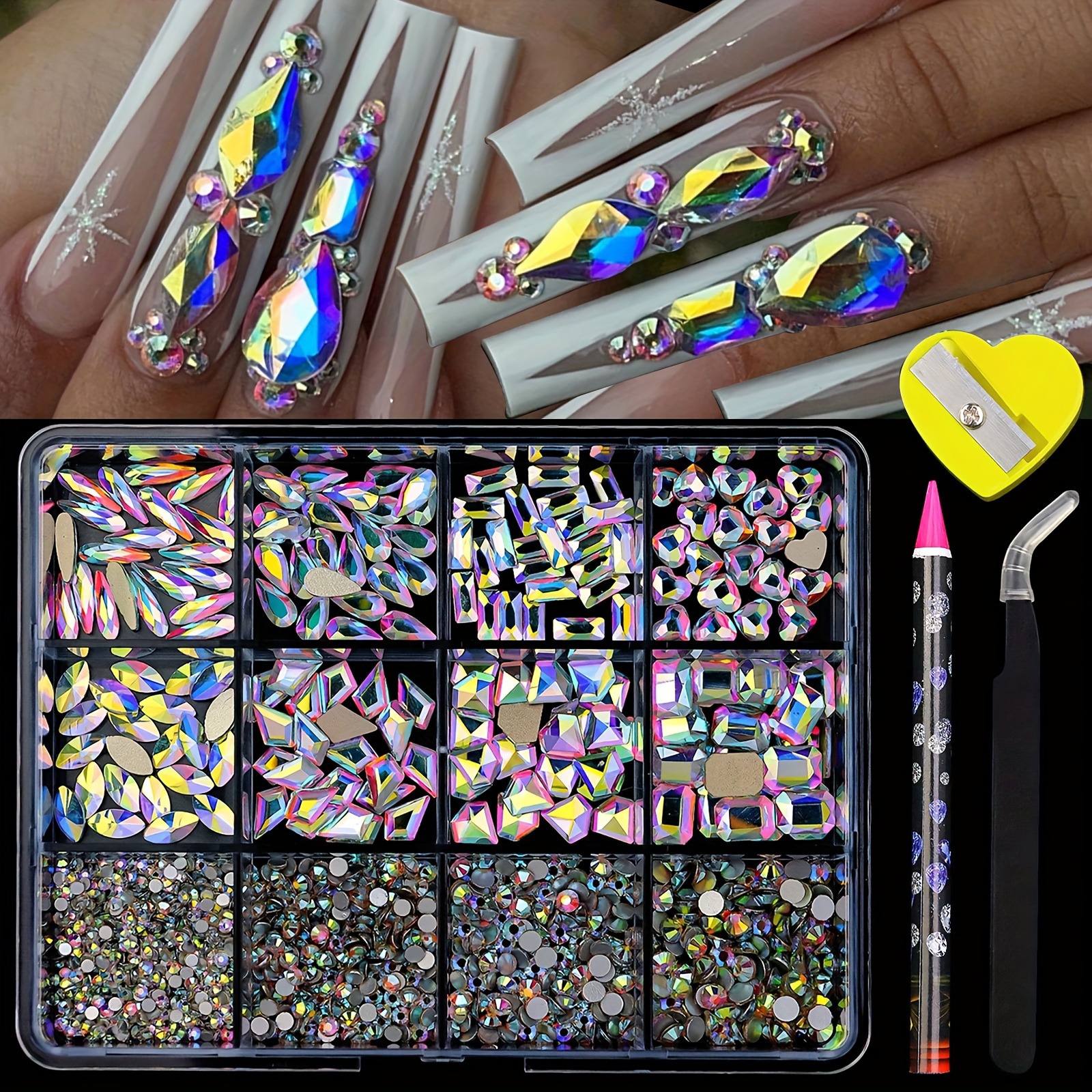 

Nail Art 12 Grids Nail Rhinestones Kit, Ab Flat Bottom & Irregular Shape Manicure Decoration Diy Nail Charms Nail Gems Nail Supplies