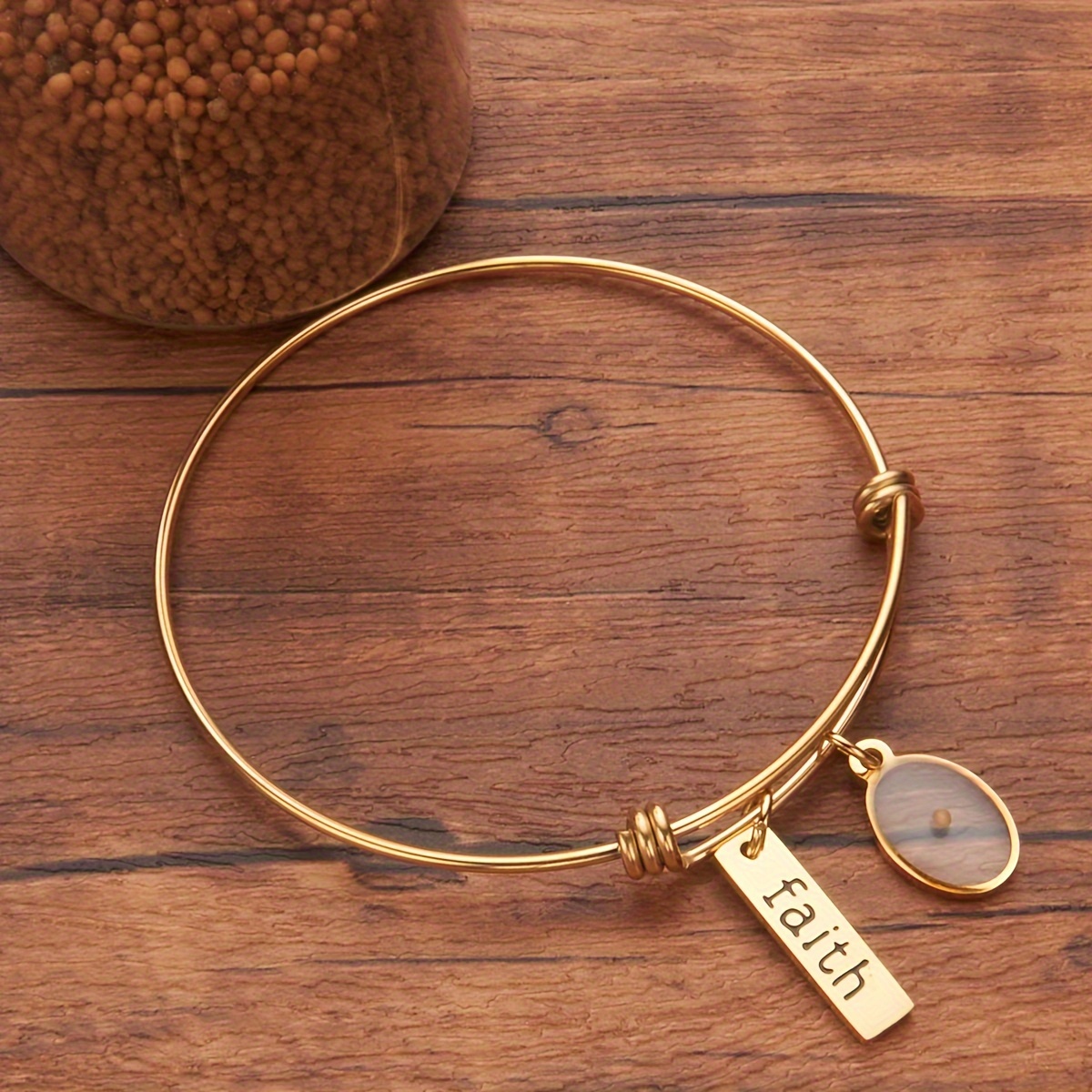 

Elegant Rose Golden "faith Over Fear" Inspirational Bangle Bracelet - Adjustable Stainless Steel With Charm,