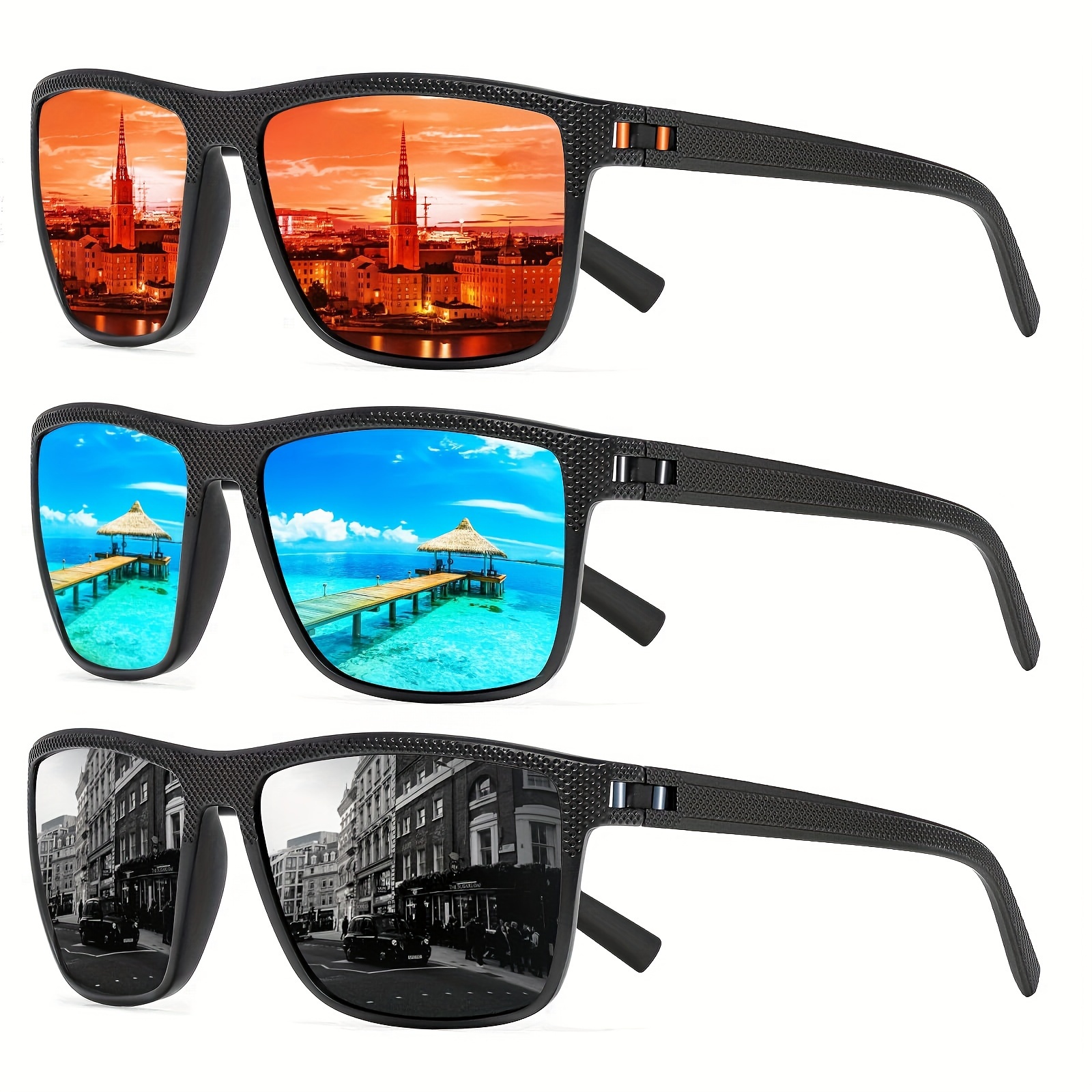 

3pcs Square Polarized Sunglasses For Men And Women Lightweight Frame Sun Glasses With Uv Protection