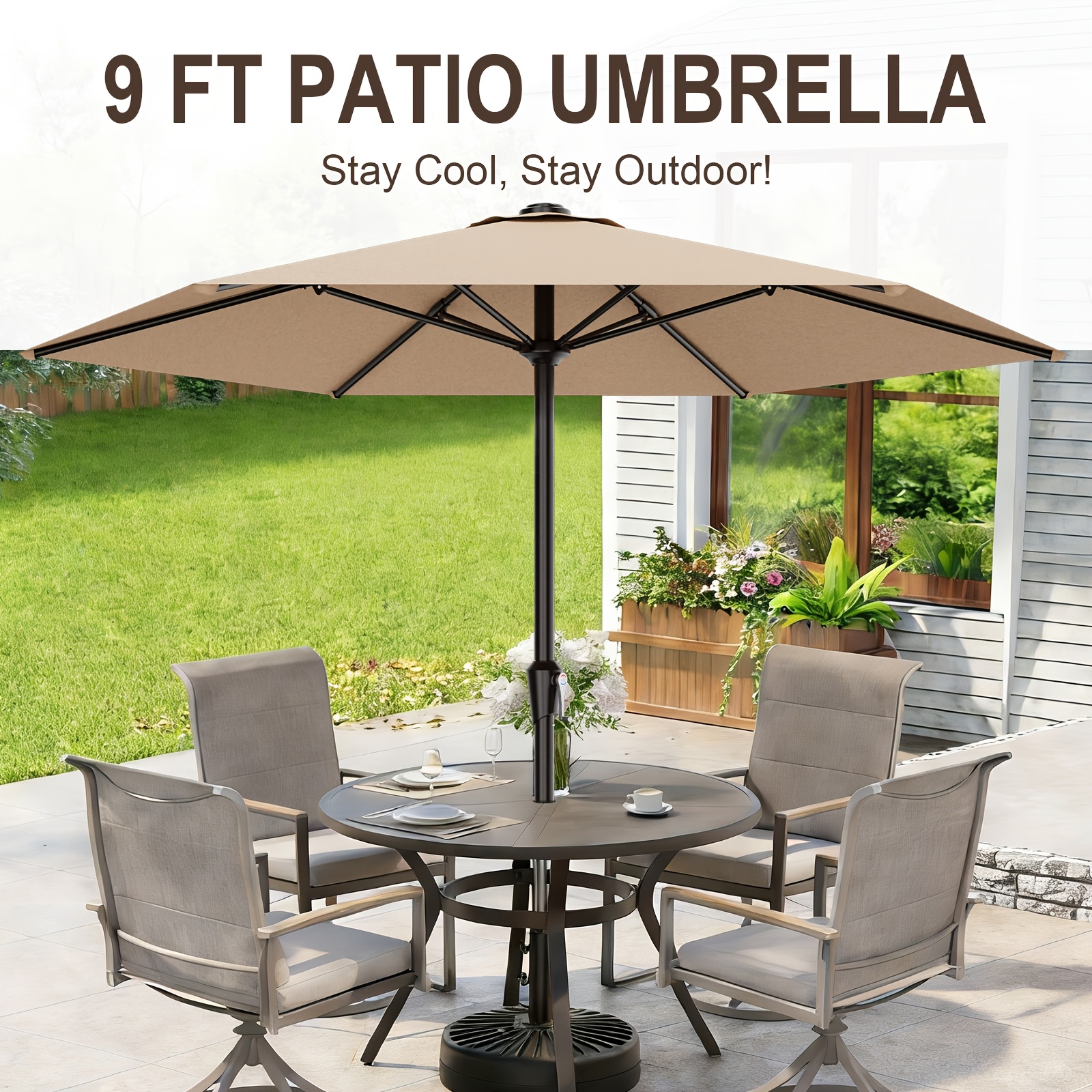 9FT Outdoor Patio Umbrella, Market Table Umbrella with Crank & 6 Sturdy Ribs, UV Protection Windproof, Pool Umbrella Perfect for Deck, Backyard, Lawn And Garden