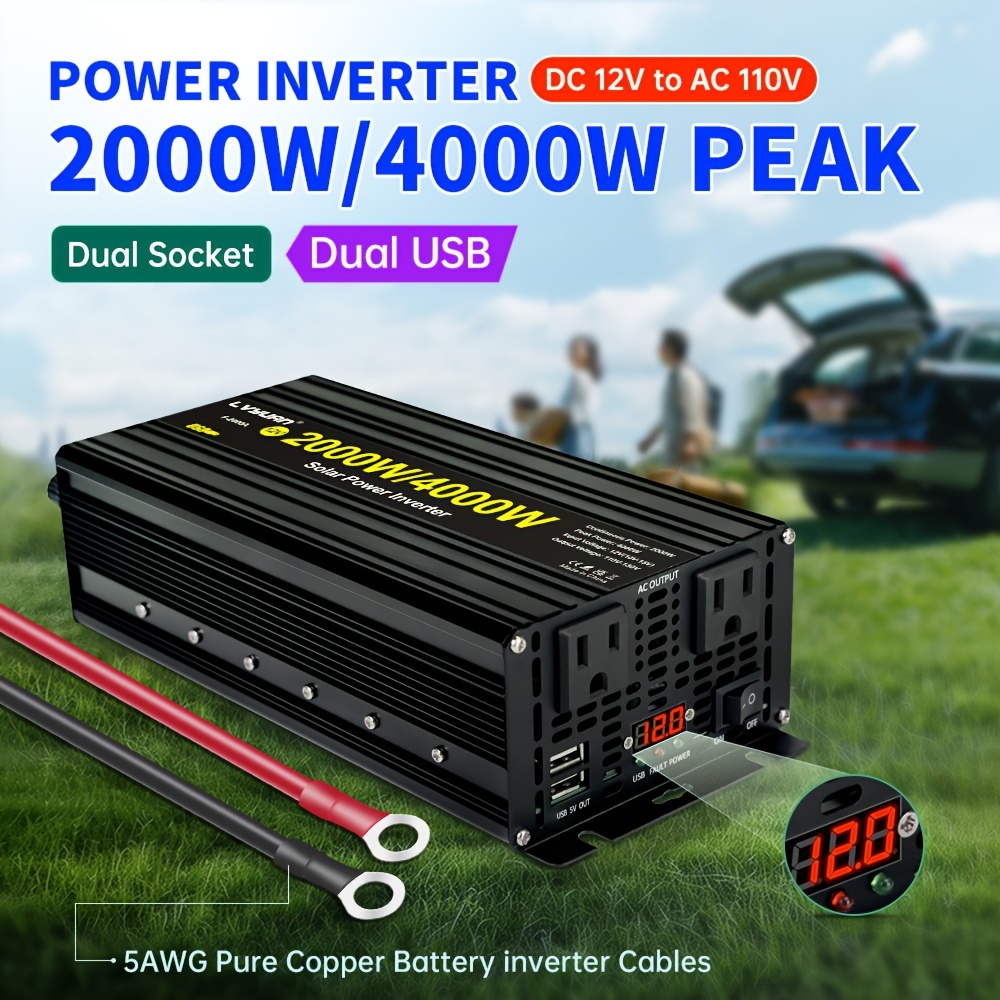 

2000w Continuous Duty Inverter 4000w 12v To 110v Ac Power Inverter With 3 Us Sockets 4 Usb For Car, Vehicle, Rv, Outdoor, Home