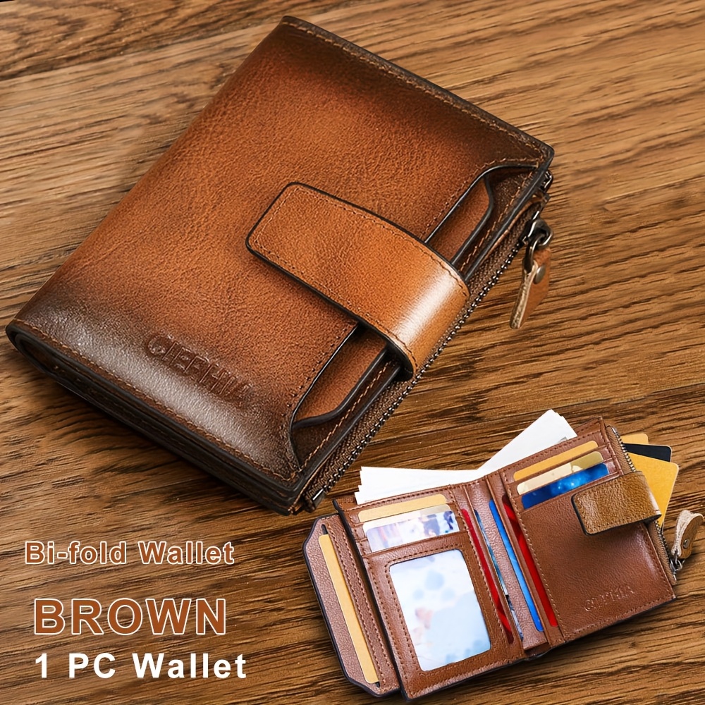 Men's Genuine Leather Anti-Theft Wallet - RFID Blocking Bifold With Chain & Zipper Coin Pocket