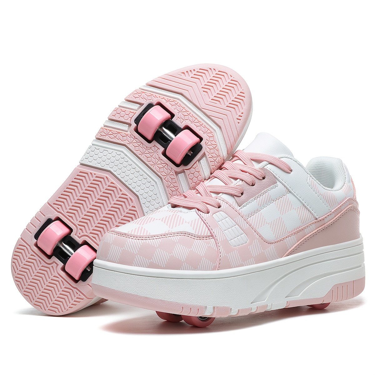 Boys Girls 4-Wheel Roller Skate Shoes with Removable Wheels Low-Top  Lace-Up Sneakers with Arch Support, Cushioned EVA Insole TPR Sole,  Pink/Whit