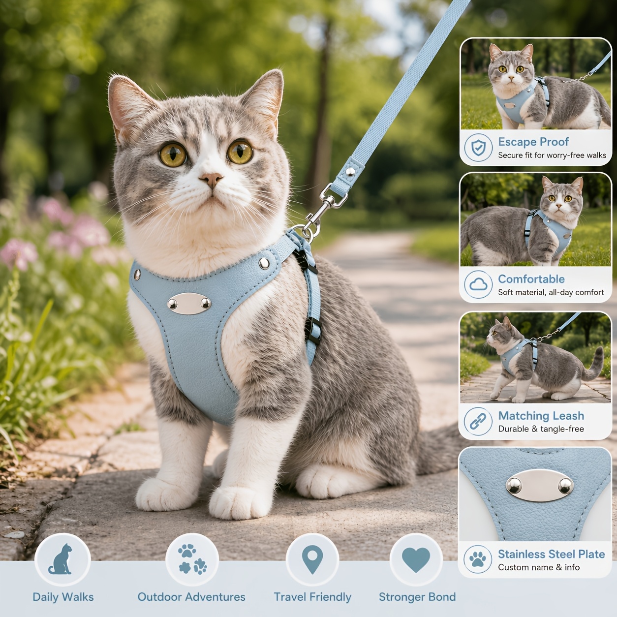 2pcs Custom Pet Leash Set with Adjustable Vest, Engraved Name & Phone Number