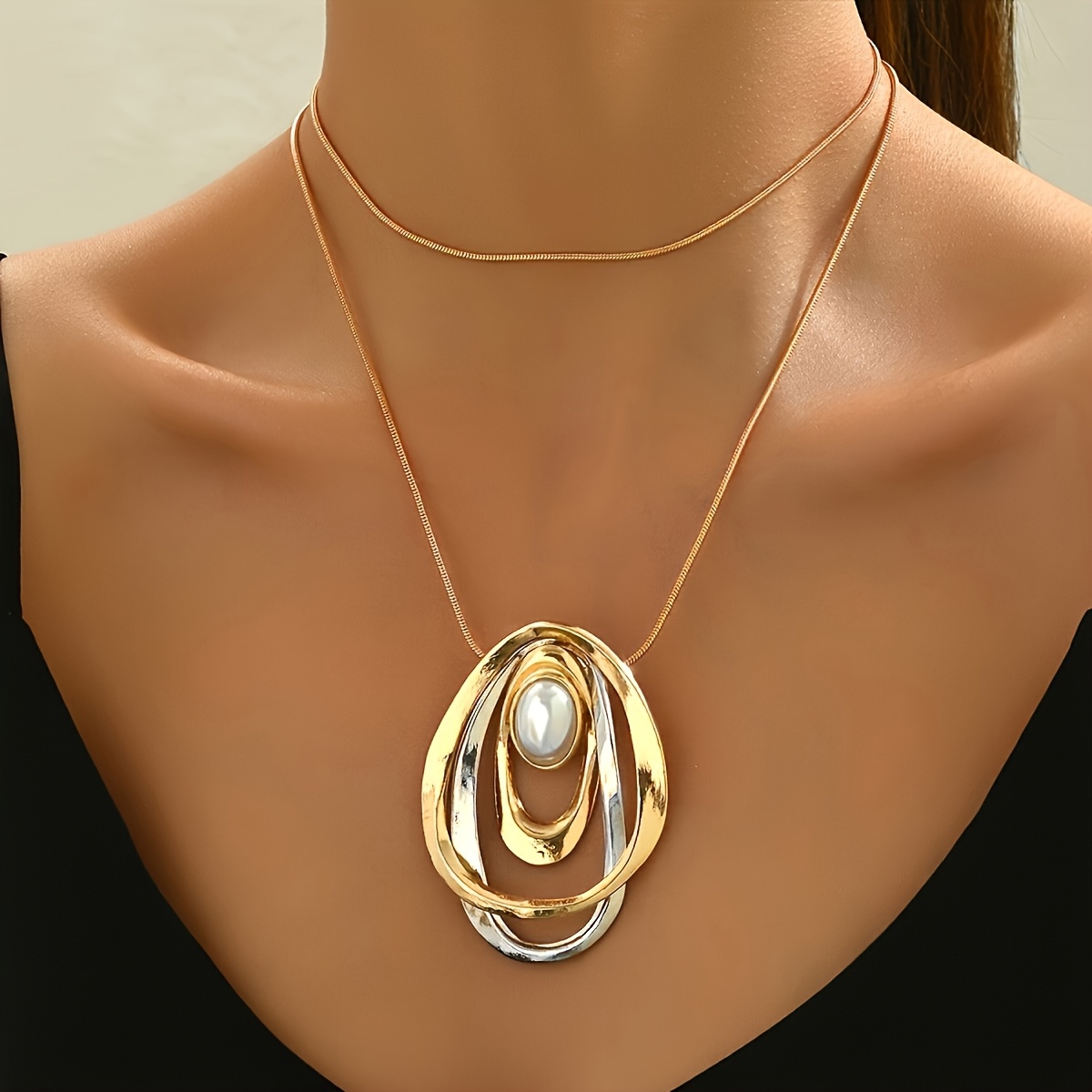 TEMU 1 Golden Silvery Color- Geometric Hollow Oval Inlaid Acrylic Bead-embellished Pendant Fashionable Elegant Thin Snake Chain Women's Necklace