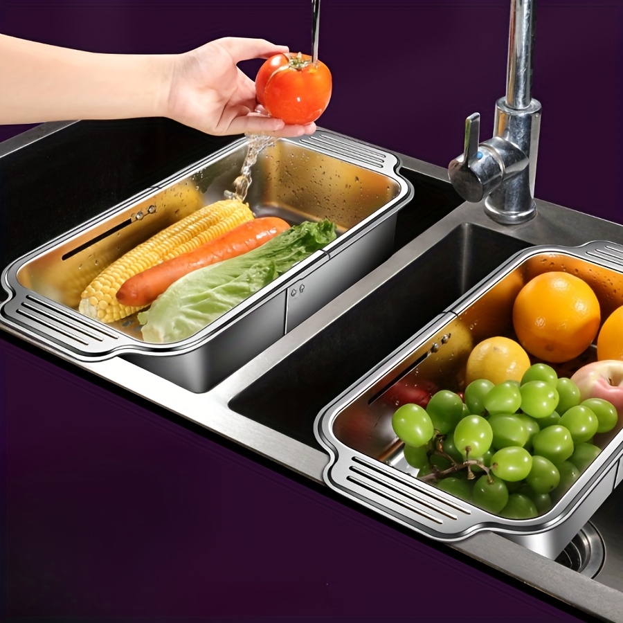 heavy duty stainless steel expandable sink strainer basket adjustable size 8 25x13 75 to 17 25 inches expandable sink net for draining fruits vegetables pasta dishwashing easy clean kitchen organizer for home commercial use kitchen sink strainer sleek metallic     material pasta drainer spacesaving design rustresistant strainer vegetable drainer busy households Product details 0