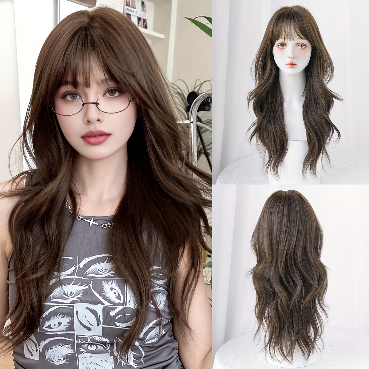 

7jhh Wigs Elegant Loose Curly Wig For Women, High Density 150% Cap, Heat Resistant Synthetic Hair, With Bangs, 24.8 Inch, For Daily And Party Use